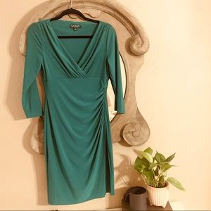 Lauren by Ralph Lauren Green Dress with 3/4 Sleeves & Ruching Detail, Size 6